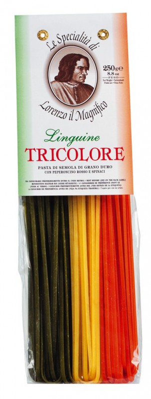 Linguine Tricolore, mie pita berbahan semolina gandum durum, 3 warna, Lorenzo il Magnifico - 250 gram - mengemas