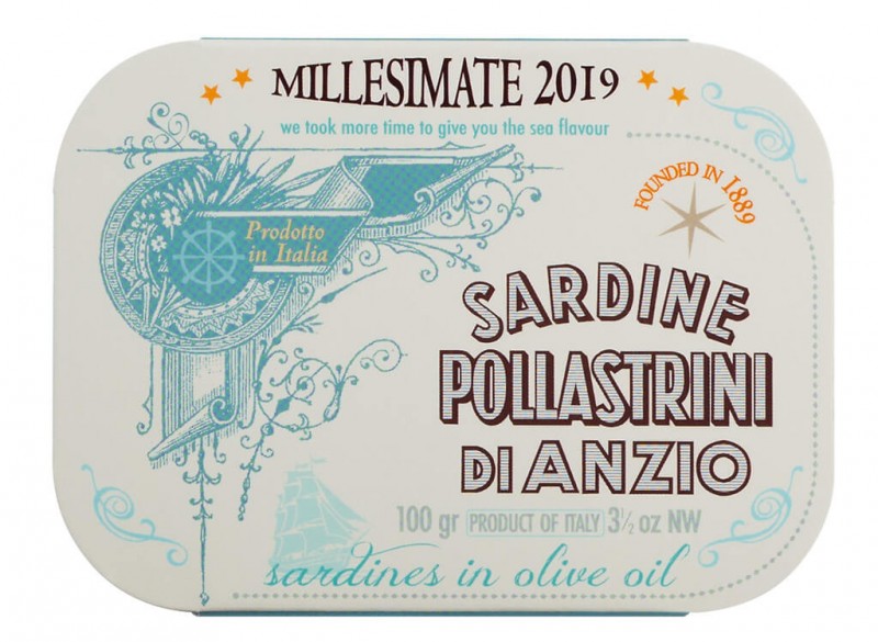 Sardina a l`oli d`oliva Millesimate, sardines vintage en oli d`oliva, Pollastrini - 100 g - llauna