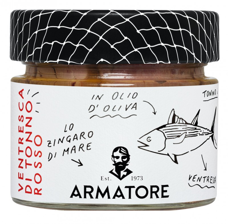 Ventresca di tonno rosso dalam olio d`oliva, fillet perut tuna dalam minyak zaitun, Armatore - 170 gram - Kaca