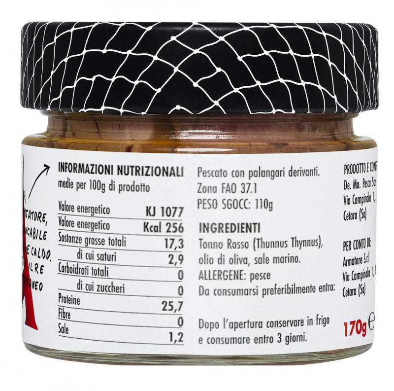 Ventresca di tonno rosso in olio d`oliva, filetes de ventresca de atun en aceite de oliva, Armatore - 170g - Vaso