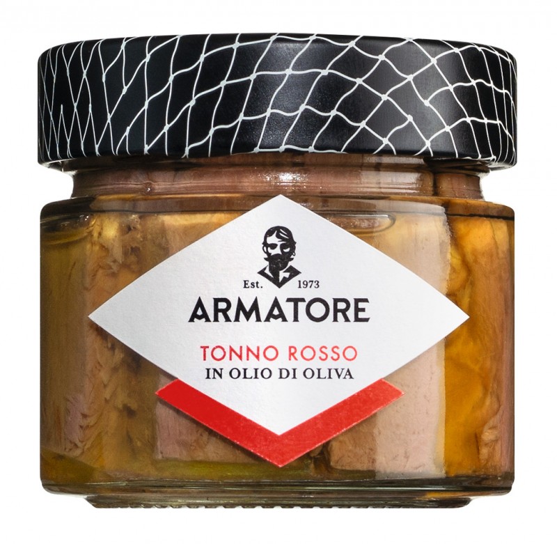 Tonno rosso dalam olio d`oliva, fillet tuna dalam minyak zaitun, Armatore - 170 gram - Kaca