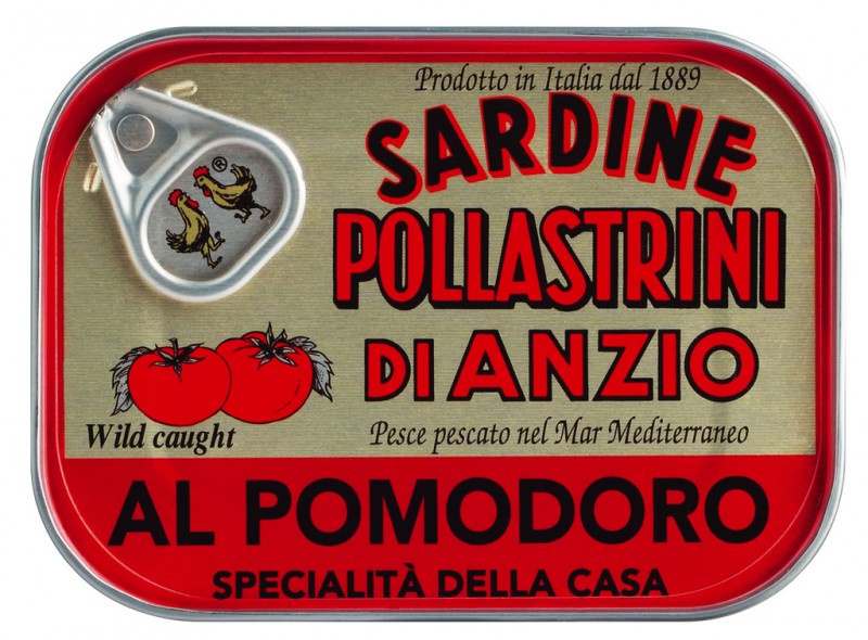 Sardin al pomodoro, sardin dalam sos tomato, pollastrini - 100 g - boleh