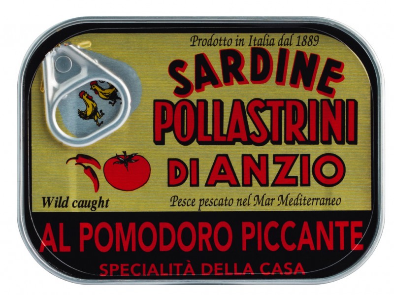 Sardiini al pomodoro piccante, maustetut sardiinit tomaattikastikkeessa, pollastriini - 100 g - voi