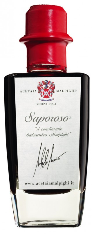 Saporoso Condimento all`aceto balsam.di Modena IGP, aposit de vinagre balsamic, caixa de regal, Malpighi - 100 ml - Ampolla