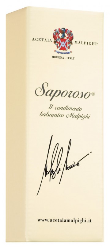 Saporoso Condimento all`aceto balsam.di Modena IGP, aderezo de vinagre balsamico, caja de regalo, Malpighi - 100ml - Botella