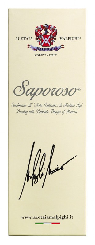 Saporoso Condimento all`aceto balsam.di Modena IGP, aderezo de vinagre balsamico, caja de regalo, Malpighi - 200ml - Botella