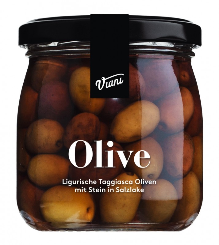 OLIVA - Aceitunas Taggiasca con hueso en salmuera, Aceitunas Taggiasca Negras con hueso en salmuera, Viani - 180g - Vaso