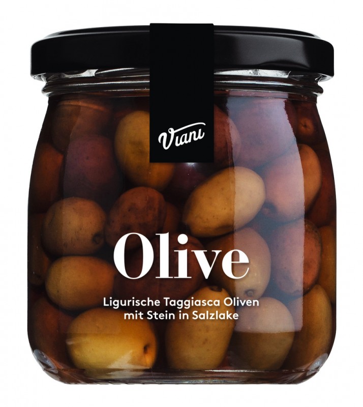 OLIVE - Taggiasca-oliven med stein i saltlake, Svarte Taggiasca-oliven med stein i saltlake, Viani - 180 g - Glass