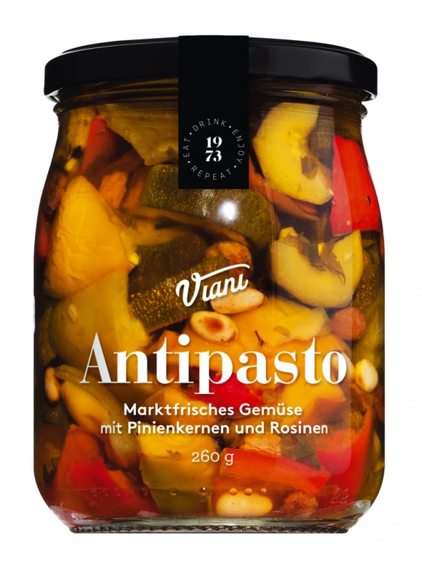 ANTIPASTO - Vihannessekoituksia oljyssa, vihannesten alkupala pinjansiemenilla ja rusinoilla, oljyssa, Viani - 260 g - Lasi