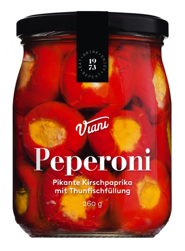 PEPERONI - Pimientos cherry con relleno de atun, Pimientos cherry con relleno de farsa de atun, Viani - 260g - Vaso