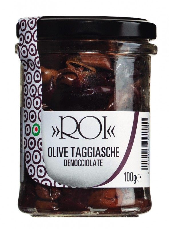 Zaitun Taggiasche asciutte, buah zaitun Taggiasca, diadu dan dikeringkan, Olio Roi - 100 g - kaca