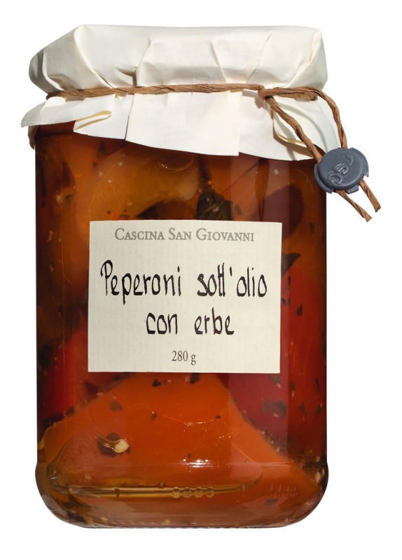 Pepperoni kaikki perinto olio d`olivassa, paprikat yrteilla oliivioljyssa, Cascina San Giovanni - 280 g - Lasi