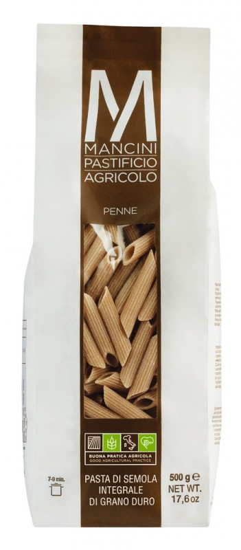 Penne Integrali, pasta di semola integrale di grano duro, Pasta Mancini - 500 g - pacchetto