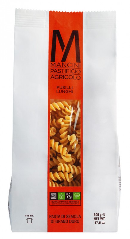 Fusilli Lunghi, pasta de semola de trigo duro, Pasta Mancini - 500g - embalar