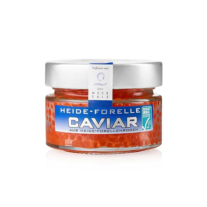 Caviar de trucha Heide con sal marina de Sylt, rojo anaranjado, ASC - 100 gramos - Vaso