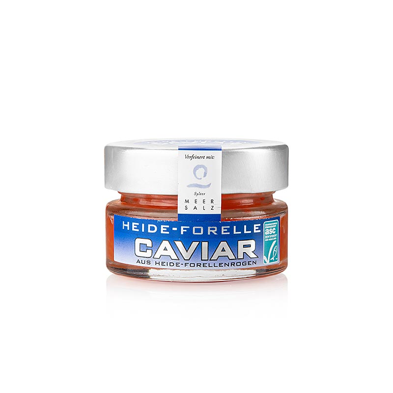 Caviar de trucha Heide con sal marina de Sylt, rojo anaranjado, ASC - 50 gramos - Vaso