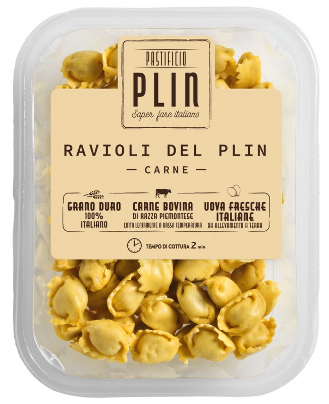 Ravioli del Plin, carne, Ravioli ripieni di carne, Pastificio Plin - 250 g - pacchetto