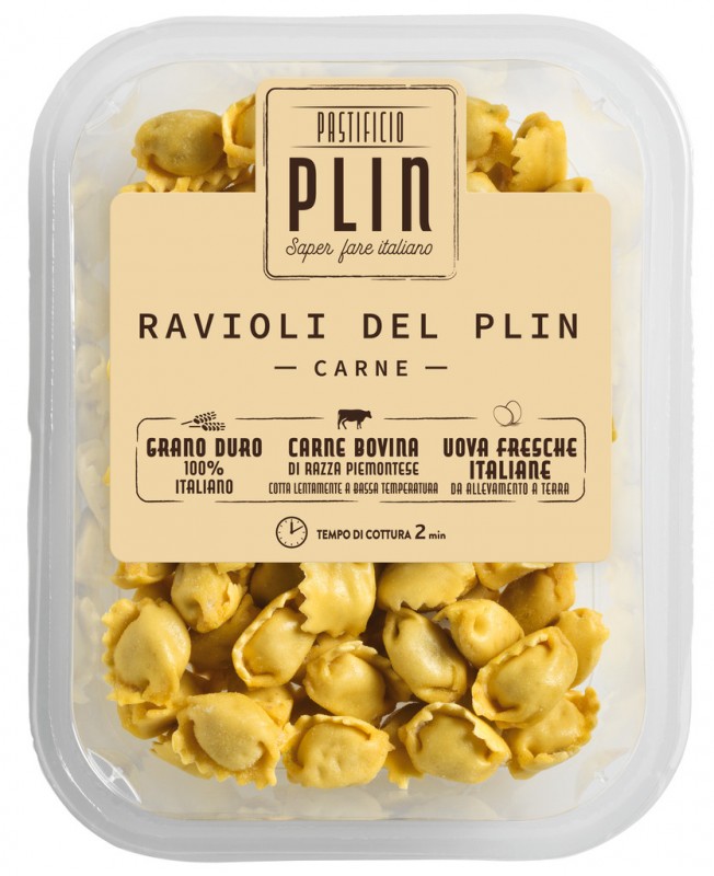 Ravioli del Plin, carne, Ravioli fylt med kjoett, Pastificio Plin - 250 g - pakke