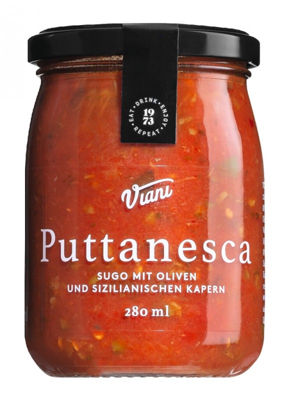 PUTTANESCA - Sugo medh olifum og kapers, tomatsosu medh olifum og kapers, Viani - 280ml - Gler