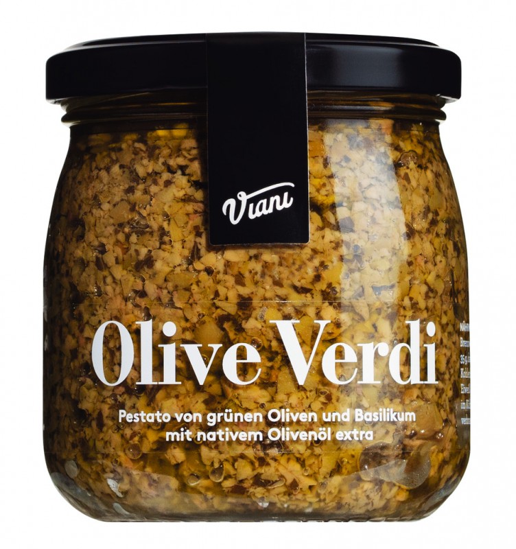 OLIVE VERDI - Pestato di olive verdi e basilico, pestato nga ullinj jeshil dhe borziloku, Viani - 170 g - Xhami