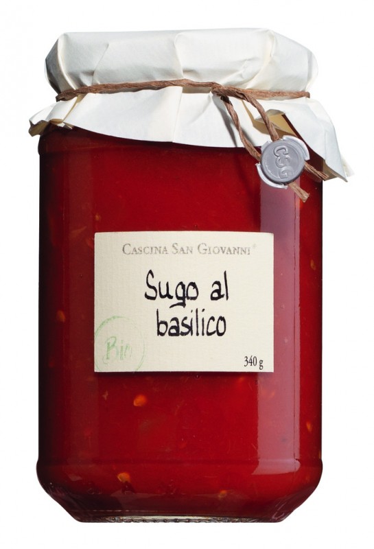 Sugo al basilico, biologico, salsa di pomodoro al basilico, biologico, Cascina San Giovanni - 340 ml - Bicchiere