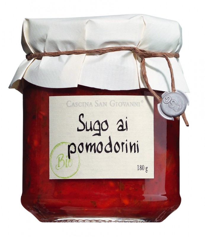 Sugo ai pomodorini, oekologisk, tomatsaus med cherrytomater, oekologisk, Cascina San Giovanni - 180 ml - Glass