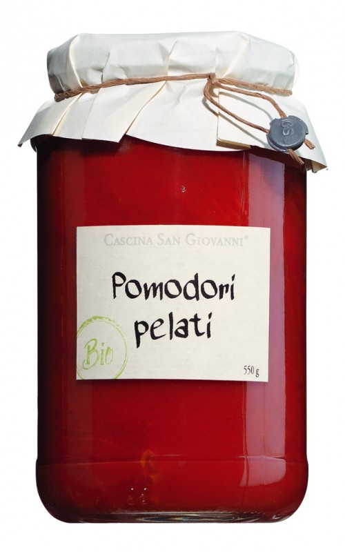 Pomodori pelati, oekologisk, hele, skrellede tomater, oekologisk, Cascina San Giovanni - 550 g - Glass