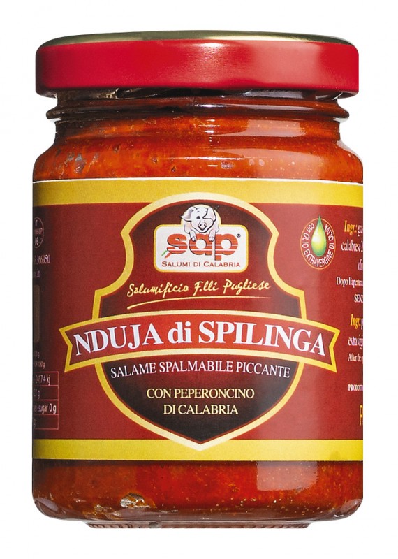 Nduja di Spilinga, vasettossa, levitettava porsaan salami, mausteinen, Salumificio F.lli Pugliese - 90g - Lasi