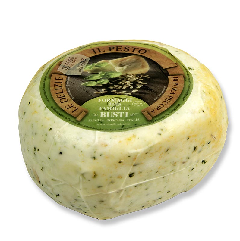 Pecorino Pesto, Schafskäse mit Basilikum und Pinienkernen, mind. 2 Wochen alt - ca.700 g - Vakuum Pecorino Pesto, Schafskäse mit Basilikum und Pinienkernen, mind. 2 Wochen alt - ca.700 g - Vakuum