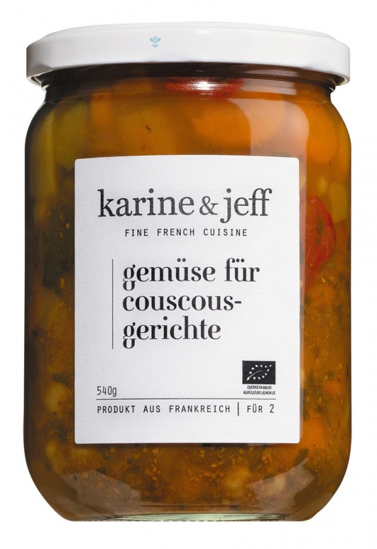 Les llegums aboquen cuscus, ecologic, verdures per a plats de cuscus, Karine i Jeff - 520 g - Vidre