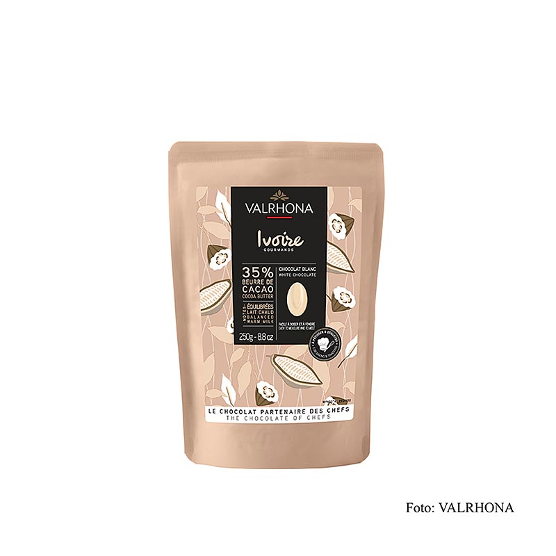 Valrhona Ivoire, cobertura blanca, callets, 35% manteca de cacao - 250 gramos - bolsa
