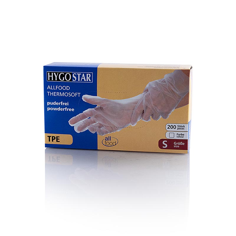 Luvas descartaveis TPE Allfood Thermosoft, transparente, S, Hygostar - 200 pecas - Cartao