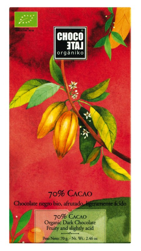 Chocolate negro 70% cacao organico, barra, chocolate negro 70% cacao, chocolate organico - 70g - Pedazo
