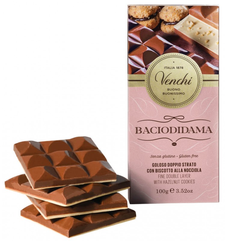 Barra Baciodidama, chocolate Gianduia, biscoito de avela + chocolate branco, Venchi - 100g - Pedaco
