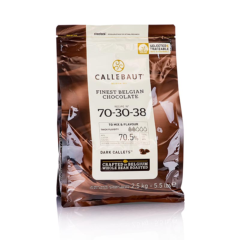 Moerk sjokolade, 70 / 30, Callets, 70 % kakao, Callebaut - 2,5 kg - bag