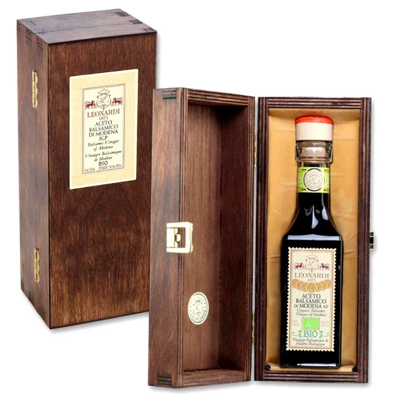 Aceto Balsamico IGP / IGP, Francobolli Serie 15, Leonardi, ORGANICO - 250ml - Botella con caja de madera.