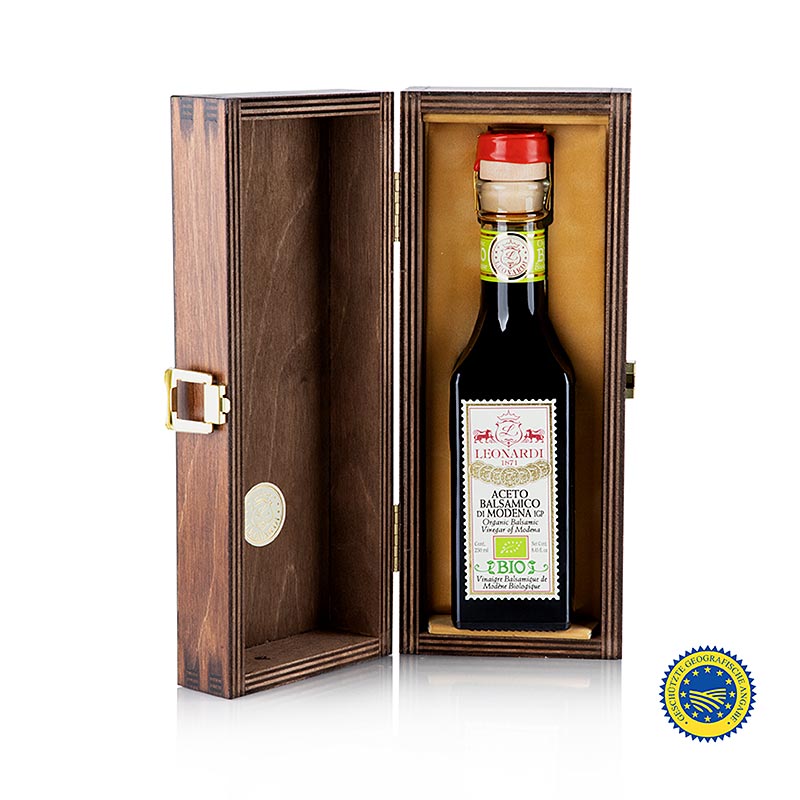 Aceto Balsamico IGP / IGP, Francobolli Serie 15, Leonardi, BIOLOGICO - 250 ml - Bottiglia con scatola in legno