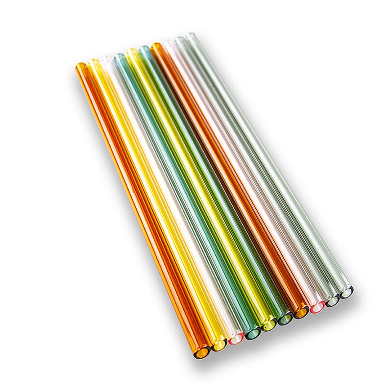 Pajitas de vidrio (borosilicato), rectas y coloridas, Ø8mm (pared de 1,5mm), 24cm - 10 piezas - bolsa