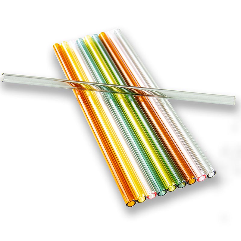 Sedotan minum kaca (borosilikat), lurus dan warna-warni, Ø8mm (dinding 1,5mm), 21cm - 10 buah - tas