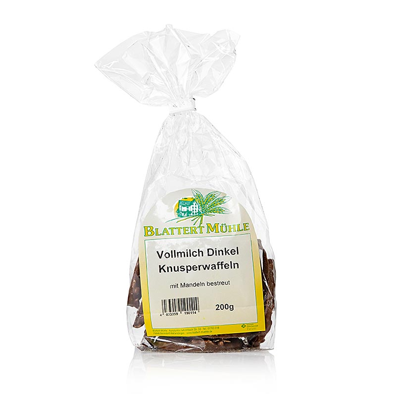 Helmelkspeltvaffel med mandelsplitter i sjokolade, Blattert Muhle - 200 g - bag