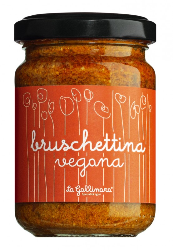 Bruschettina Vegana, levitetty munakoisolla ja kuivattu. Tomaatit, vegaani, La Gallinara - 130 g - Lasi