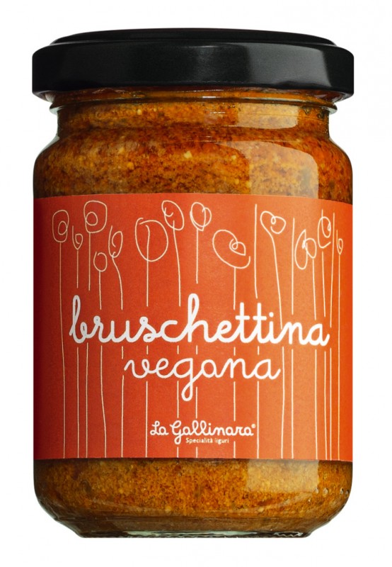 Bruschettina Vegana e lyer me patellxhan dhe e thare. Domate, vegane, La Gallinara - 130 g - Xhami Bruschettina Vegana e lyer me patellxhan dhe e thare. Domate, vegane, La Gallinara - 130 g - Xhami
