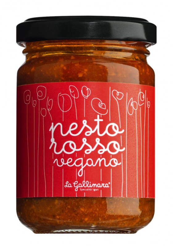 Pesto Rosso vegano, kuivatuista tomaateista valmistettu pesto, vegaaninen, La Gallinara - 130 g - Lasi