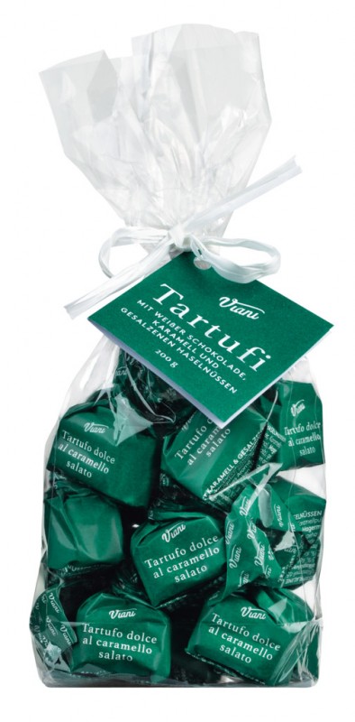 Tartufi dolci caramello e nocciole salat, sacchetto, hvit sjokoladetroefler med karamell og saltede hasselnoetter, Viani - 200 g - bag