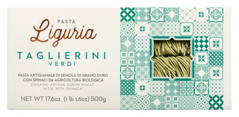 Taglierini agli spinaci, luomu, durumvehnan mannasuurimosta valmistettu pasta pinaatilla, luomu, Pasta di Liguria - 500g - pakkaus