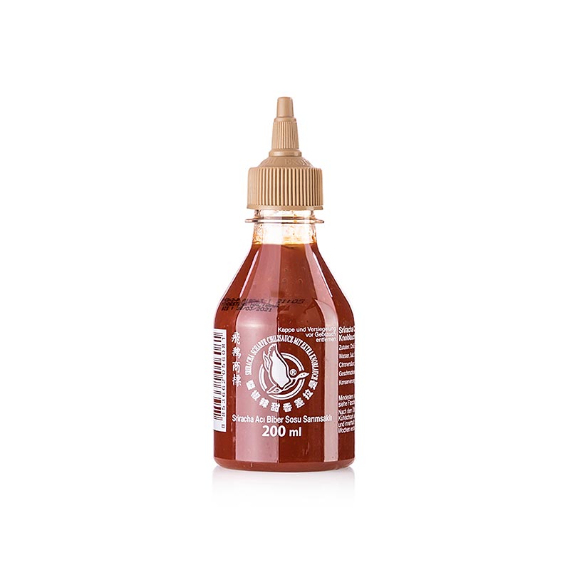 Sos cili Sriracha, panas, dengan bawang putih tambahan, botol picit, Angsa Terbang - 200ml - Botol PE