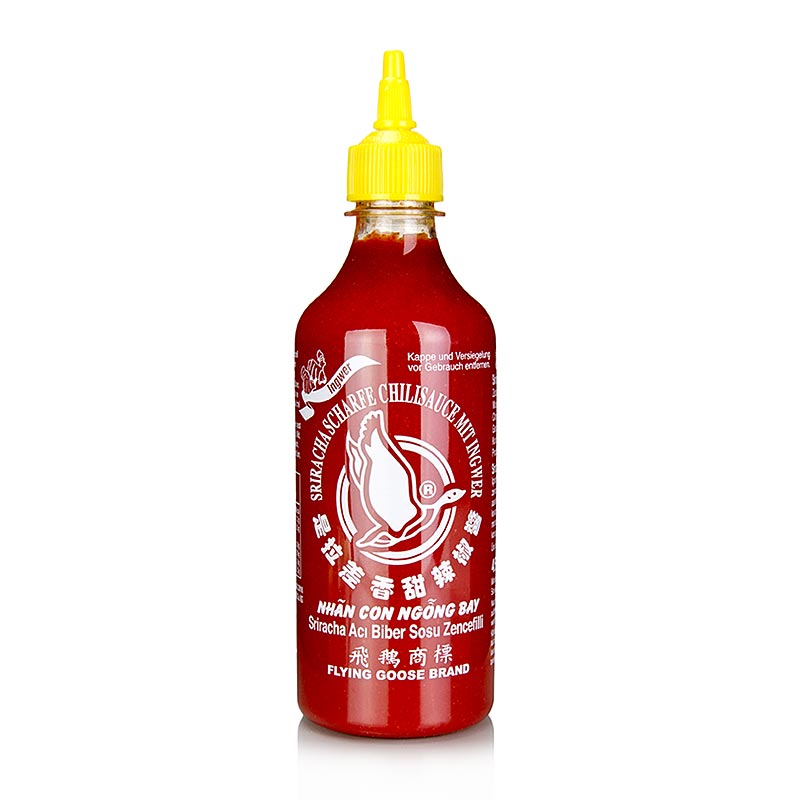 Chilisaus - Sriracha, krydret, med ingefaer, klemflaske, flygende gas - 455 ml - PE flaske