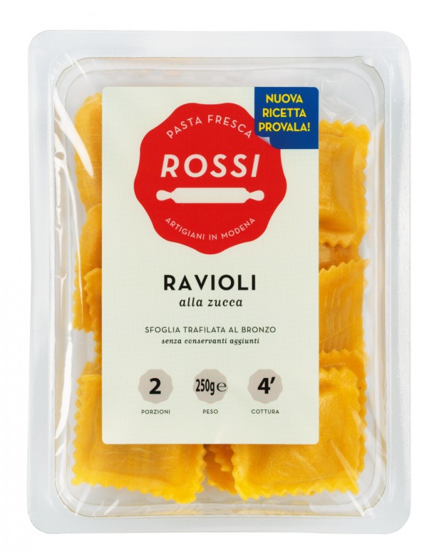 Ravioli alla zucca, ferskar eggjanudhlur medh graskersfyllingu, Pasta Fresca Rossi - 250 g - pakka