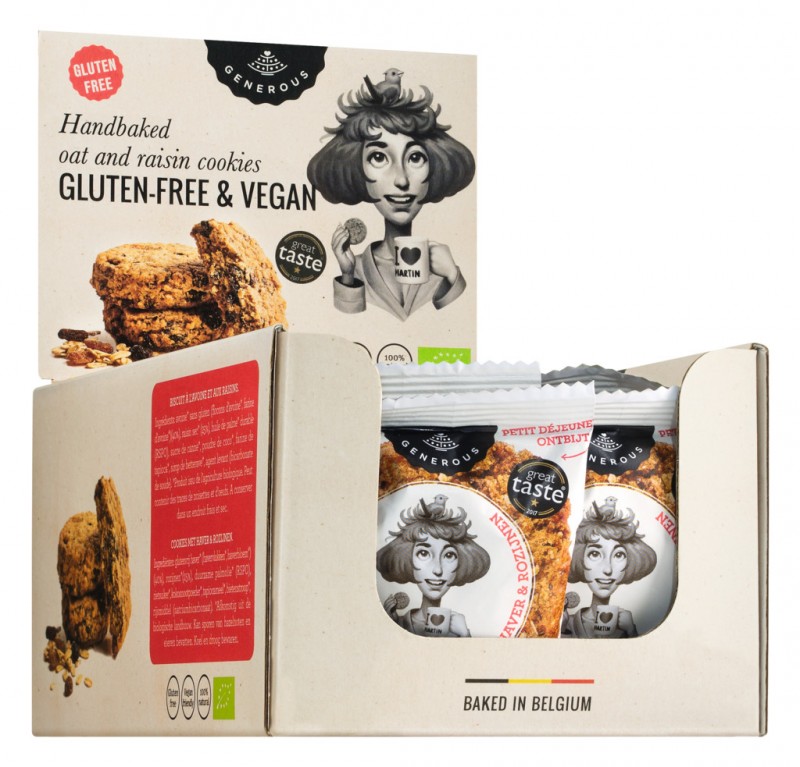 Martine Matin, biskut oat organik, bebas gluten, dengan kismis, organik, bebas gluten, murah hati - 20 x 30g - paparan