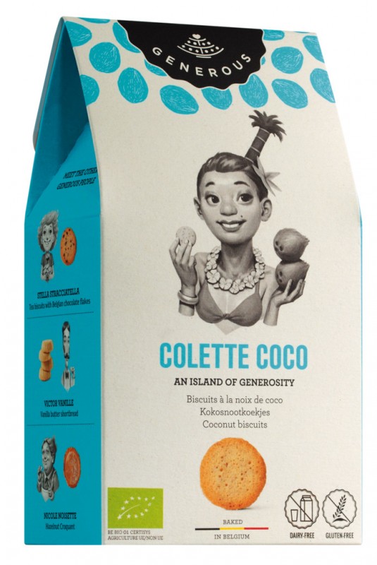 Colette Coco, organica, sem gluten, biscoitos de coco, Generoso, BIO - 100g - pacote